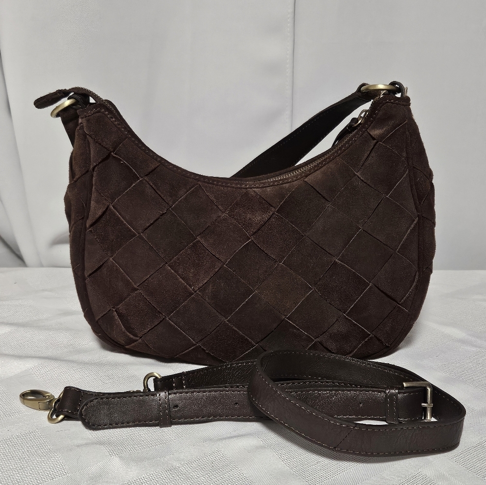 Chocolate Suede Woven Crescent/hobo Bag W/ Crossbody Option - Picture 2 of 11